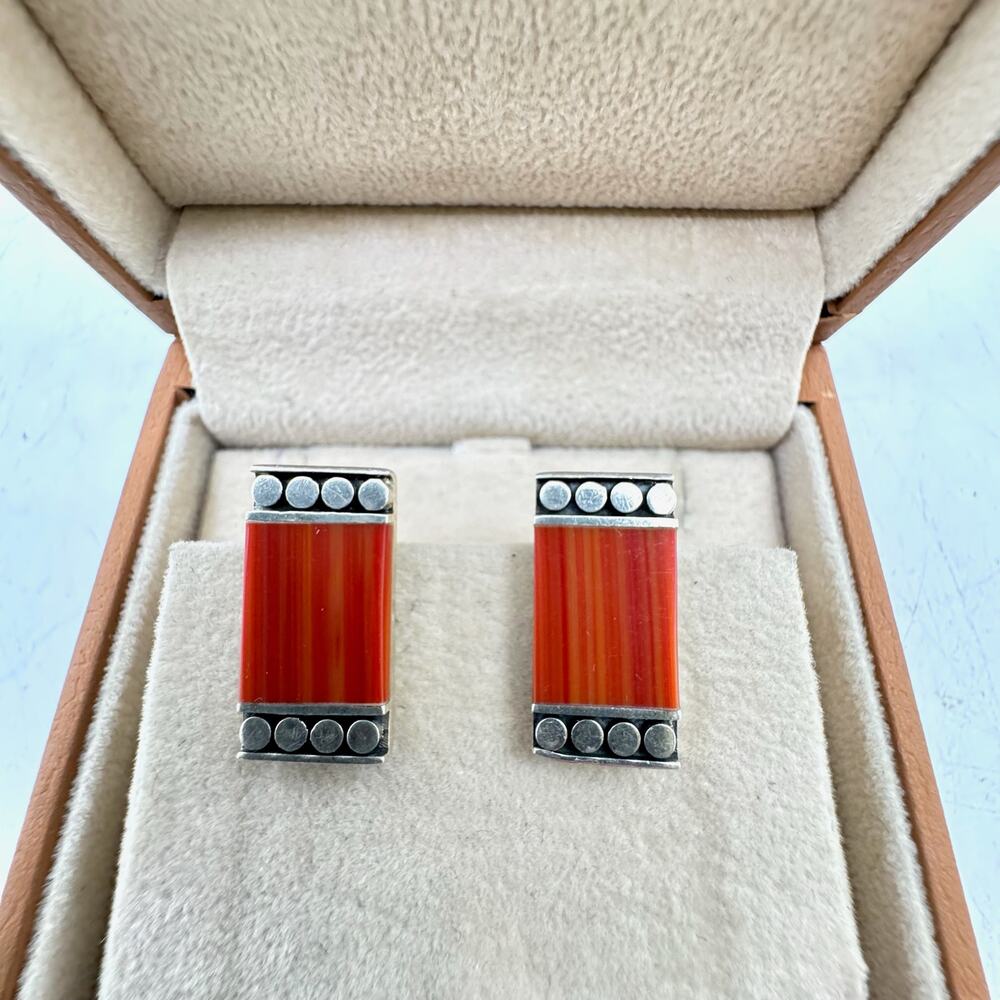 Vintage 925 Sterling & Red Coral Rectangular Clip-on Earrings